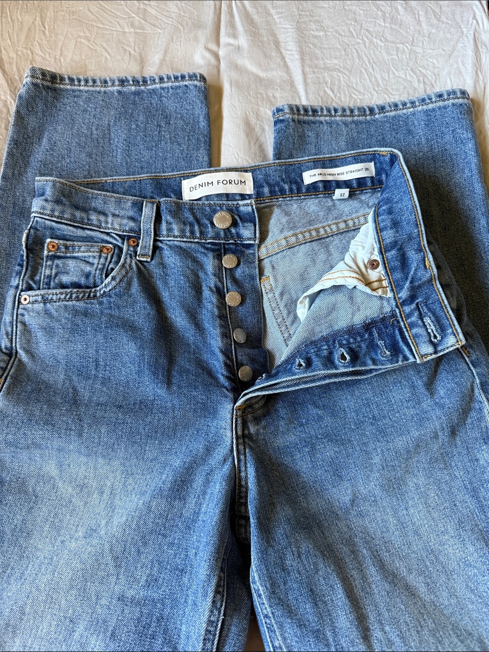 Denim Forum Blue Straight Jeans with Button Fly. Arlo High Rise straight size 25